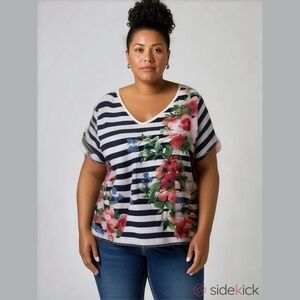 Diane Gilman HSN Floral Navy and White Stripped Tee with Bling Plus Size 4X